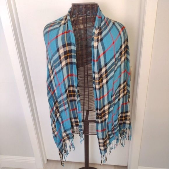 Blue and black plaid fringe scarf wrap - Picture 2 of 4